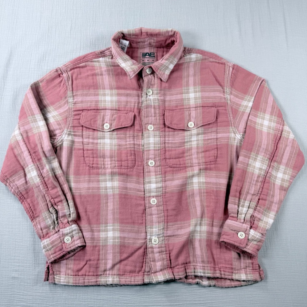 American Eagle Venture Out Pink Plaid Flannel‎ Shirt Womens Medium Button Down - Picture 2 of 6
